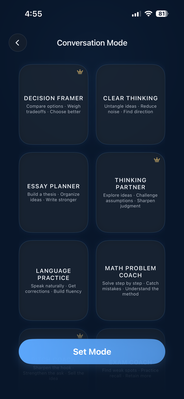 Lordan AI app mode selection screen with 50 curated conversation modes