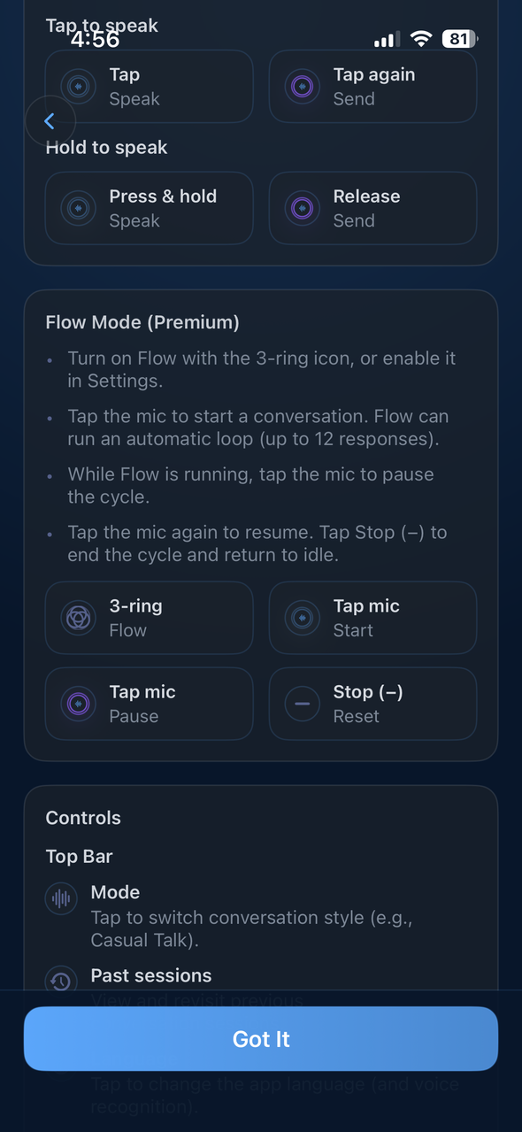 Lordan Premium Flow Mode voice controls for hands-free AI conversation