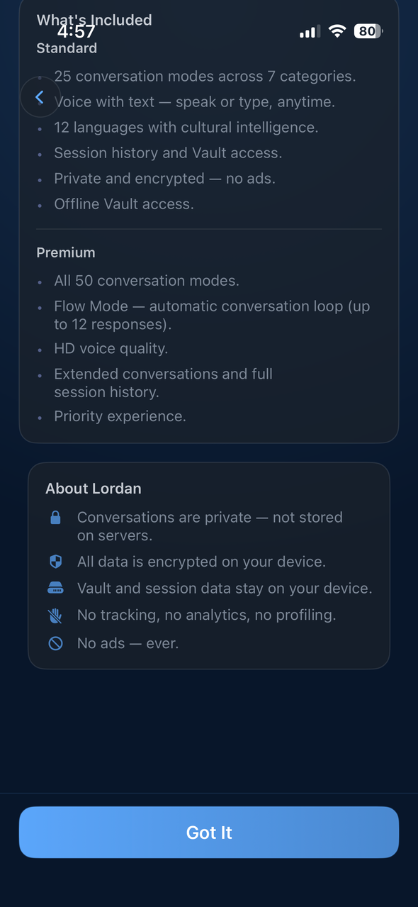 Lordan AI app privacy and subscription plan details screen showing Standard and Premium tiers