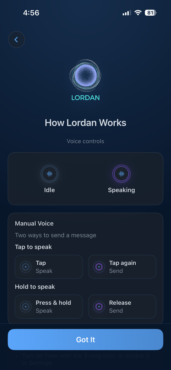 Lordan AI chat app voice interface showing curated conversation modes